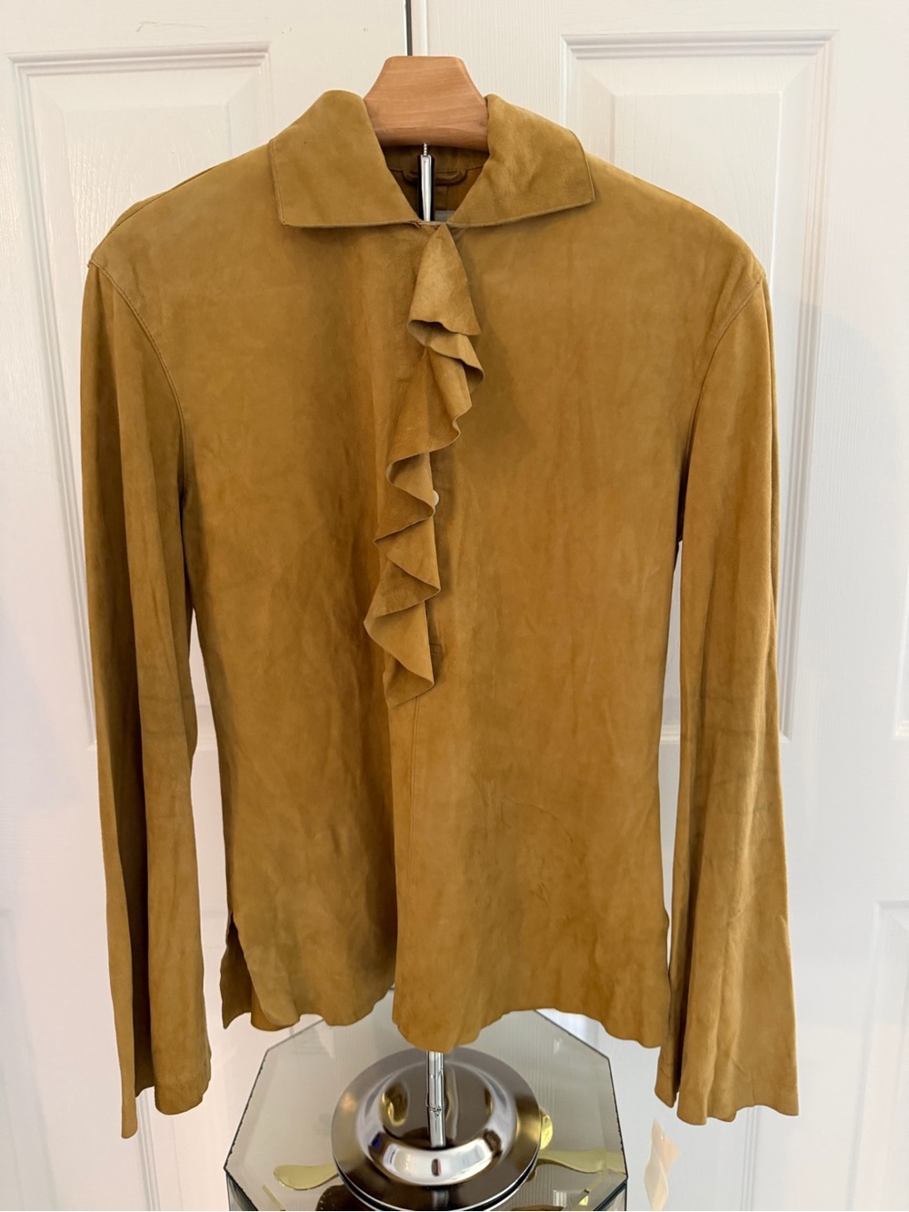 RLX Ralph Lauren Tan Suede Ruffle Front Long-Sleeve Top
